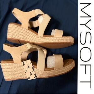 NWT MySoft Beige Elastic Strap Wedge Sandals – Size 11